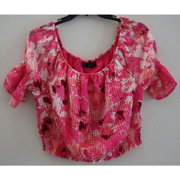 Lane Bryant Women Sz 14/16 Pink Floral Crop Off-The-Shoulder Chiffon Blouse $70 - Picture 1 of 9